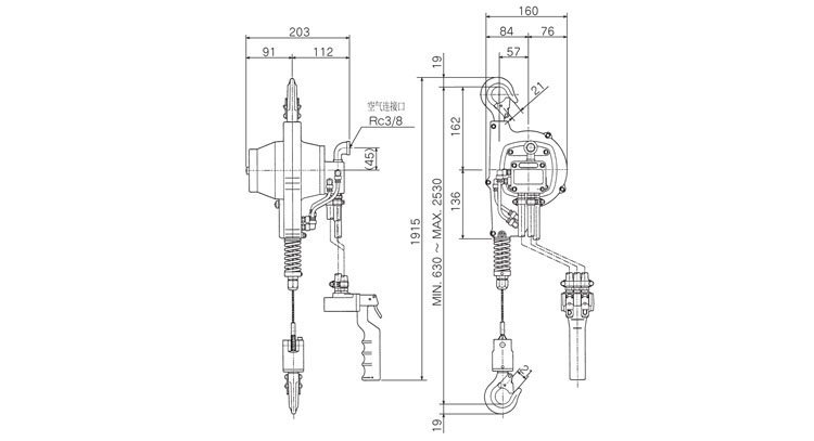 遠藤ENDO EHW-R氣動葫蘆尺寸